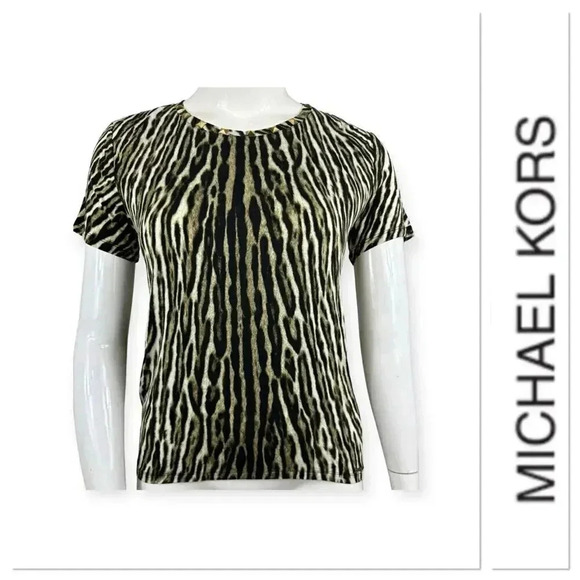 Michael Kors animal print short sleeve top it's gold studs size medium - Picture 1 of 9
